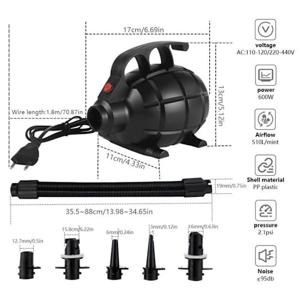 Elektrisk pump, 600W elektrisk luftpump med 5 munstycken