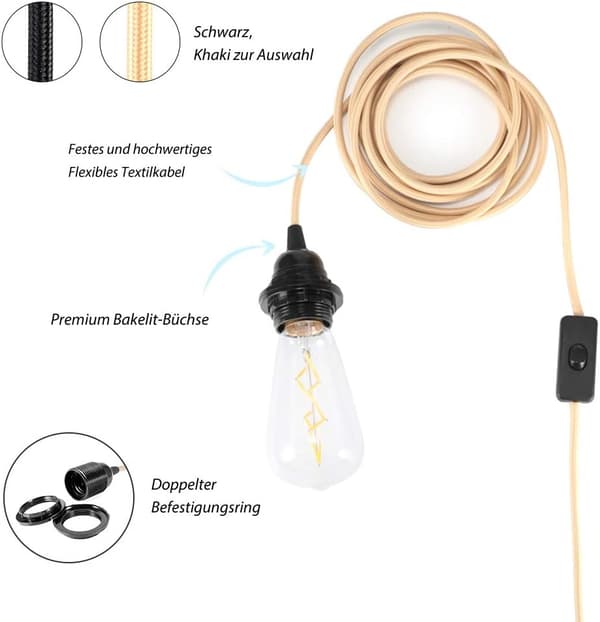 Tygklädd elkabel 2 ledare 2,5 meter sladd Linne E27-sockel