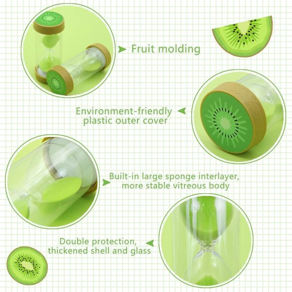Fruktformet timeglass sandur, sikker fargerik tydelig sandglass med beskyttende lokkbase for hjemmekontor dekor kjøkkenmatlaging nedtelling Kiwi