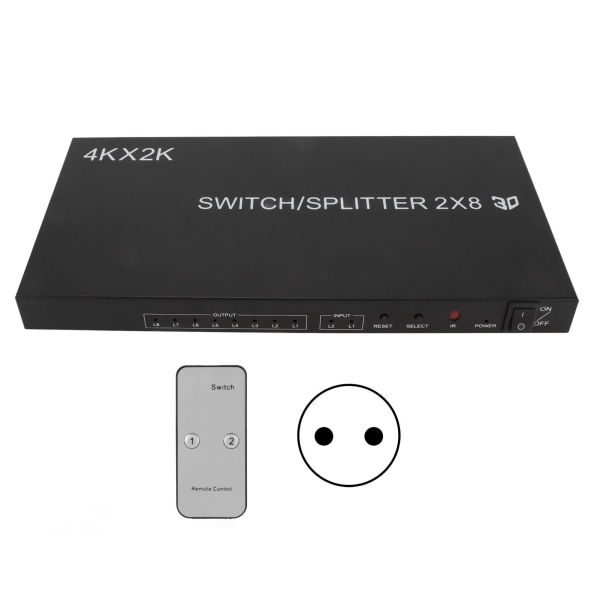 2x8 HD Multimedia Interface Switch 4Kx2K 2 in 8 Out HD Multimedia Interface Distributor med IR fjernbetjening EU-stik