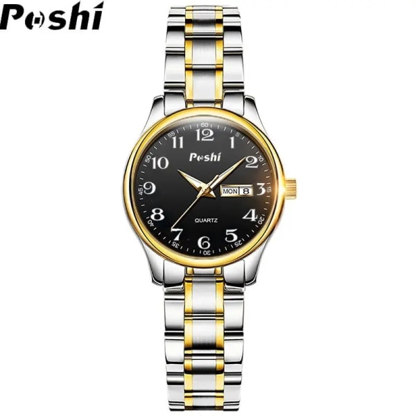POSHI Original Kvarts Armbandsur Mode Klocka Lyx Armband i Rostfritt Stål Vattentät Kalender Damklockor Guld