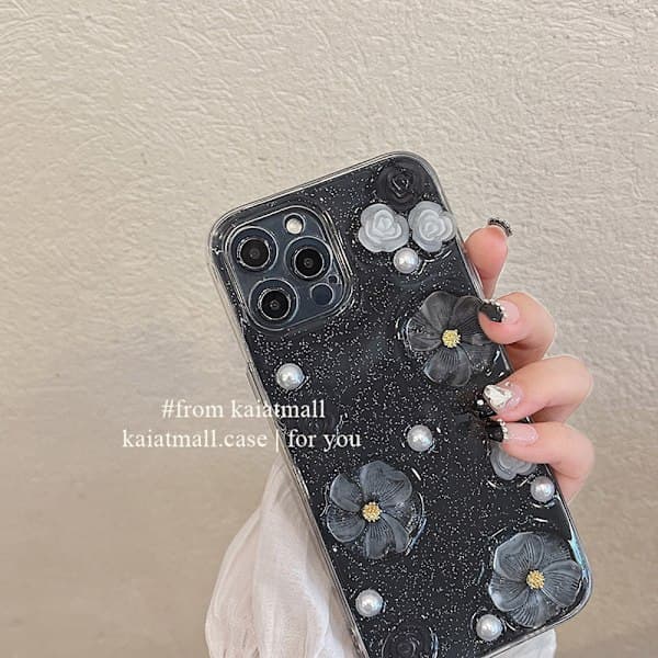 3D Blomsterkrystalcover til iPhone 15 Pro Max - Stødsikkert Blomsterdesignbeskyttelse til Kvinder 15PM