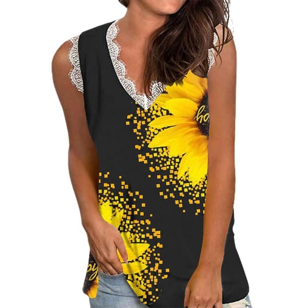 Kvinnor spets blommig V-hals linne sommar Casual ärmlös väst Sunflower XL
