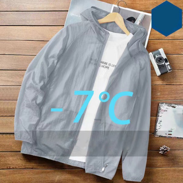 Solbeskyttelsesjakke for menn Lett pustende UV-skjorte Langermet soltett kjølehette for sommerfiske Fotturtrening Sølvgrå 2XL