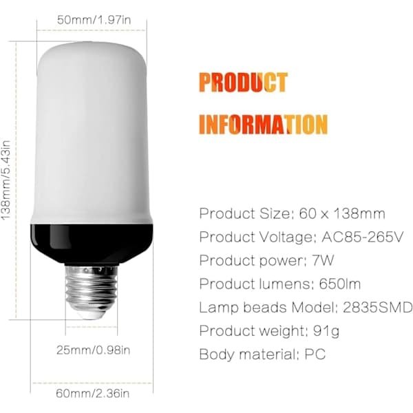 Flammelampe, E27 5W LED-effekt med 4 lysmoduser