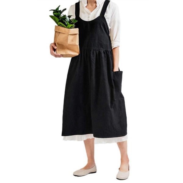 Kvinder Køkkenforklæde med 2 forlommer Bomuld Linned Forklæde Kaffebarer Blomsterbutikker Arbejdsrengøring Forklæder