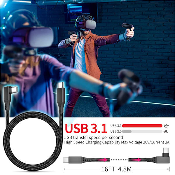 USB til USB-C Højhastighedskabel Vinklet USB-C Oculus Quest 2 5M Black Svart