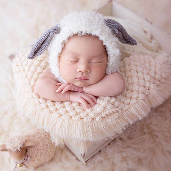 Handgjord fyrkantig filt for nyföddsfotografering Bomullsfotorekvisita Duschpresent for 3 til 6 måneder Baby Lyseblå