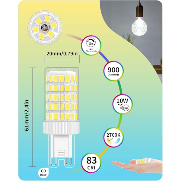 G9 LED-lamppu kylmä valkoinen, 10W 6000K 900LM AC 220V 6-pakkaus