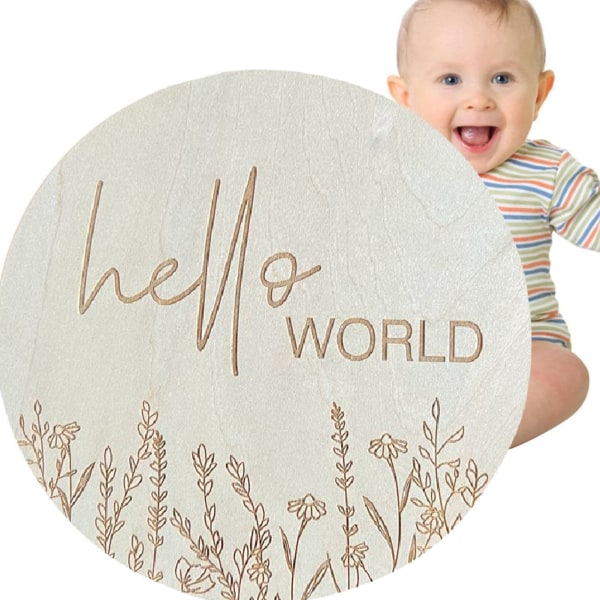 5,9 tommer rundt babykunngjøring fotorekvisitt Basswood-skilt Hello World Babyskilt for barnehage L6