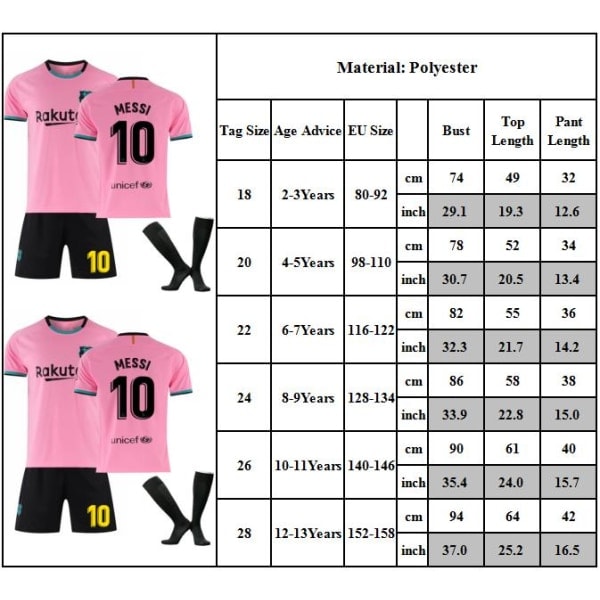 20/21 Säsong La Liga FC Barcelona Tröja Rosa Barn 10 Messi Barn Fotbollströja Uniform Fotbollsträningsdräkter #22