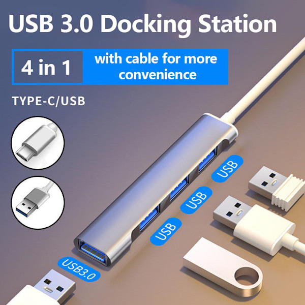 HUB 3.0 Typ C 3.1 4 Port Multi Splitter Adapter OTG För PC Silver