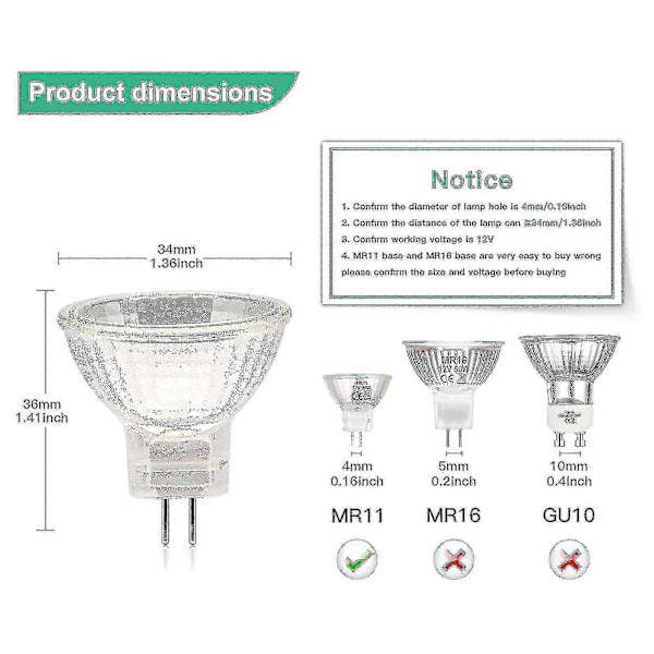 12 stk MR11 halogenpærer GU4 halogenlampe 12V 20W MR11 GU4 dimbar lampe glassbeskyttelse for tak li