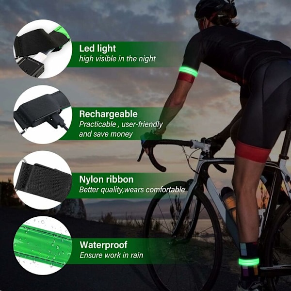 4 stk. USB-genopladelige LED-lysarmbånd, reflekterende LED-løbearmbånd, justerbart blinkende bånd Sikkerheds-LED-lysarmbånd til arm/håndled/ankel/benløb, cykling