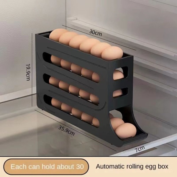 4-lags eggestativ for kjøleskap Eggdispenser Automatisk rullende eggbrett Oppbevaring 30 eggbeholder Black