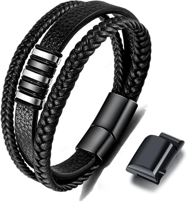 Sort læderarmbånd kompatibelt med mænd - Gave til mænd 23cm