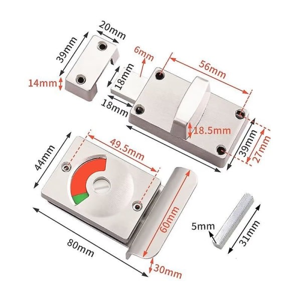 Toalettadskillelås, toiletindikatorlås, bolt-lås