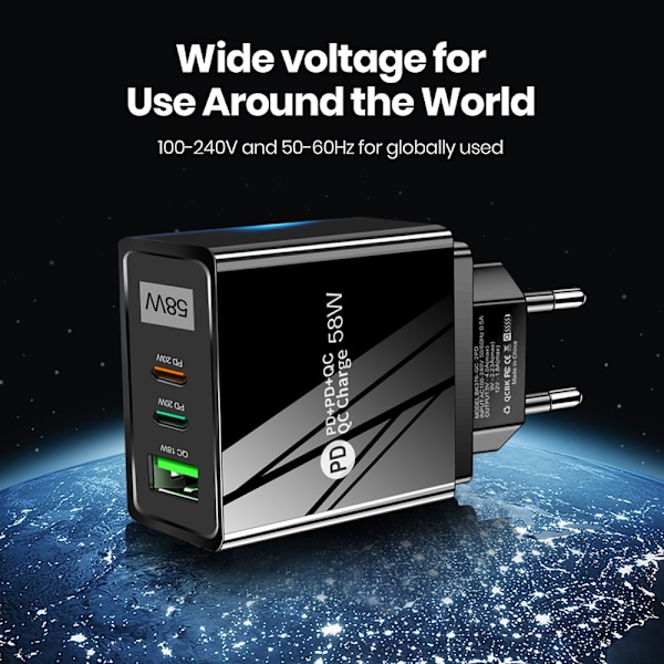 58W USB-C Väggladdare 3-Portar GaN PD Snabbladdning Dubbel USB-C Vit