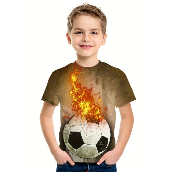 Fotbollstrøja for pojkar - digitalt 3D-print, stretchtyg, kort ermar - perfekt til udendørsaktiviteter sommar A&140CM