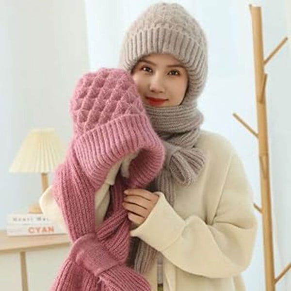 Integrerat hörselskydd Vindtät Cap Scarf Förtjockning Beanie Hat Scarf Pink