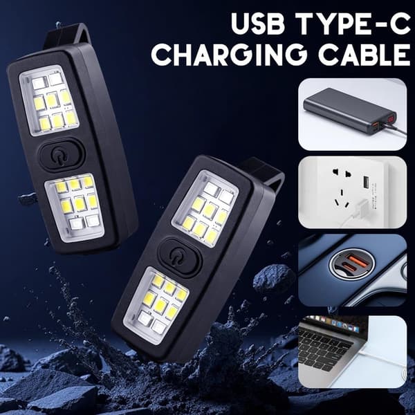 2-pakke klipslykter, USB-C oppladbare, 7 lysmoduser, 200 lumen, for løping, camping og fotturer, svart