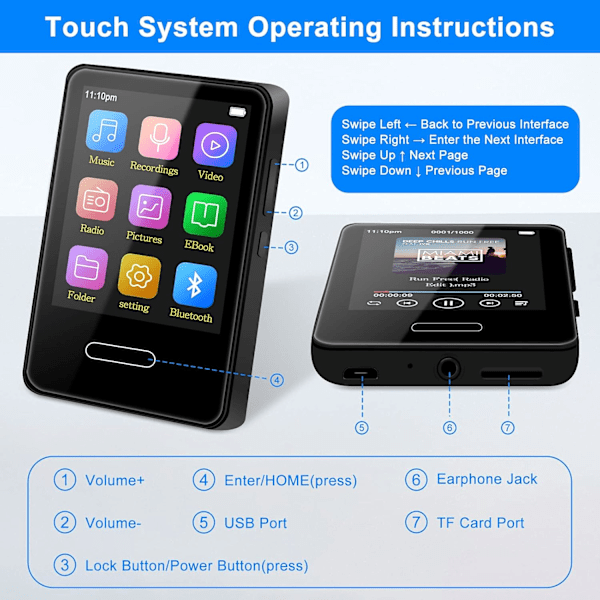MP3 Player with Bluetooth: 16GB Portable Touchscreen MP3 Player Lossless Sound Quality