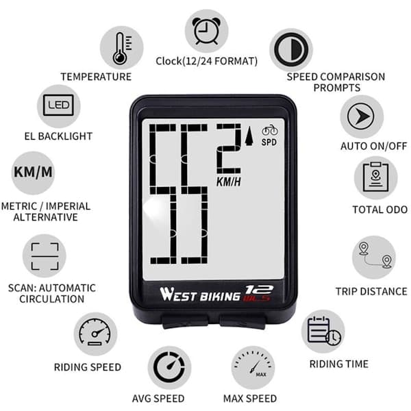 Trådløs sykkelcomputer, stor digital sykkelcomputer, sykkelcomputer, speedometer