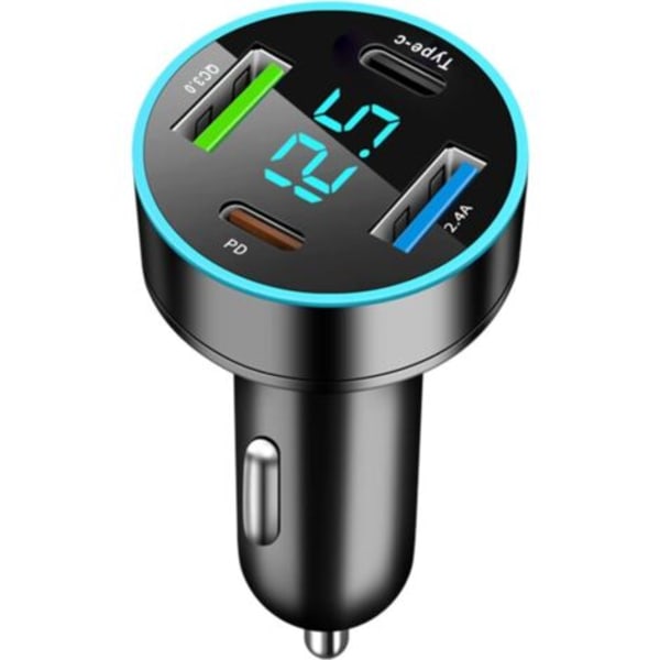 4-ports USB-billader sigarettenner, 20W rask USB-billader sigarettenner dobbel PD & QC3.0 USB-sigarettenneruttak med LED-voltmeter, svart.pa