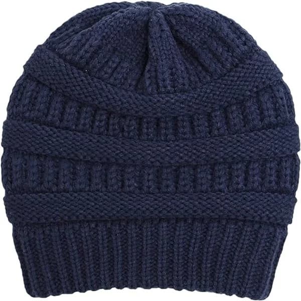 Varm stickad vintermössa med satin foder, kabelstickad beanie, tjock slouchy mössa för kvinnor, marinblå