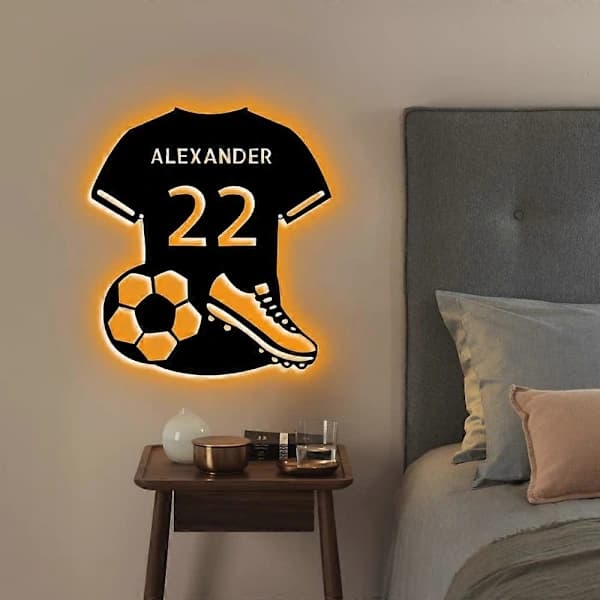 Fotboll LED Neonskylt, USB-driven dimbar metallväggdekor för sovrumsfestbar, present till sportfans