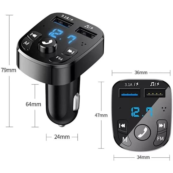 Bluetooth-sender for bil, trådløs Bluetooth-adapter bilsett MP3-spiller mottaker lyd musikk stereo, handsfree samtaler doble USB-porter