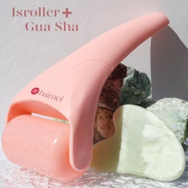 Jade Roller & Gua Sha -setti ruusukvartsista - Kasvohieronta ryppyihin ja lihasjännityksiin, pinkki ja vihreä -