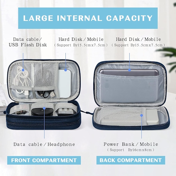 Dobbeltlags veske for elektronisk tilbehør, kabelorganisator, universell reiseveske for kabler, powerbank, USB-enhet, lader harddisk A-blue