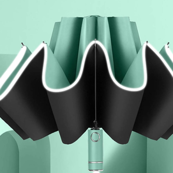10 vahvistettu Bone Reverse automaattinen sateenvarjo Tuulenpitävä sade- ja aurinkosuoja sateenvarjo matkustamiseen vaaleanvihreällä LED-valoilla