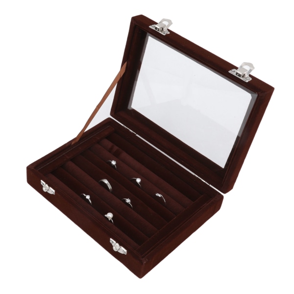 Smycken Display Box 7 Case Sammet Ring Förvaring Display Fodral med klart lock för Ring Smycken Örhängen Halsband Brun
