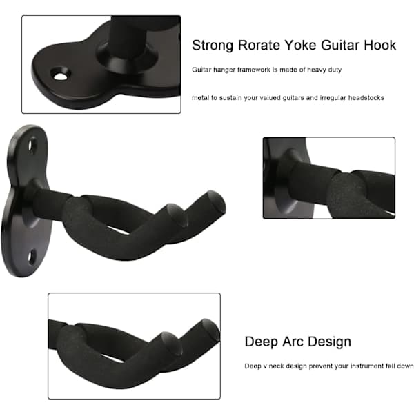 2-pack gitarrhållare väggfäste, gitarrhängare, gitarr väggmonterad displayfäste krokar för elgitarr, klassisk akustisk gitarr, bas (svart)