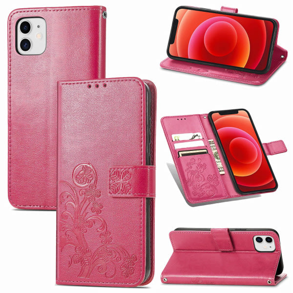 Etui til Iphone 12 cover Clover Præglat beskyttende læder telefon cover Magnetisk - Rose Red C4 A