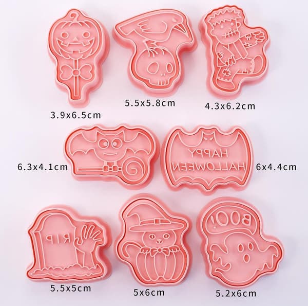 Halloween Cookie Cutter Sæt med 8, 3D Spøgelsesprægede Plaststempler, Græskarværktøjer til Kagedekoration (Stil D)
