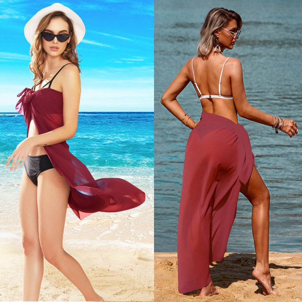 Lang Sarong Cover Up Dame Chiffon Beach Wrap WINE RED vin rød wine red