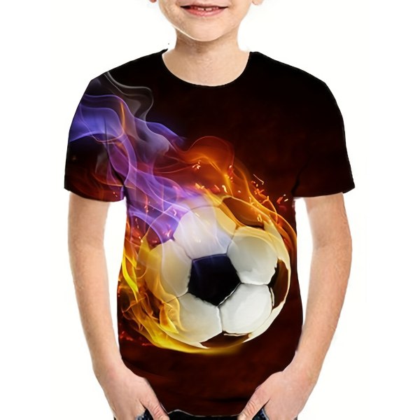 Flame Football Mönster T-paita lato, kortärmad topp, Casual Tee, Pojkkläder för sommaren 160cm