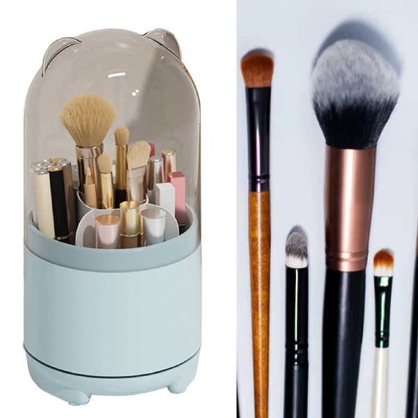 Opbevaringsbeholder til makeupbørste 360 ​​grader roterende støvforebyggelse Gennemsigtigt låg med stor kapacitet Makeupbørsteholder Blå