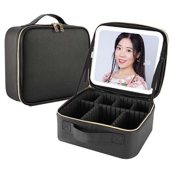 Sminkepose Kosmetikpose Organizer med LED-spejl Black Svart