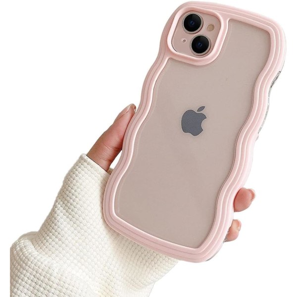 Kompatibel med iPhone 15 Plus-deksel, Transparent Söt Curly Simple Wave- etui Estetisk design Bumper for girler Kvinnor Mjukt TPU-deksel - Rosa