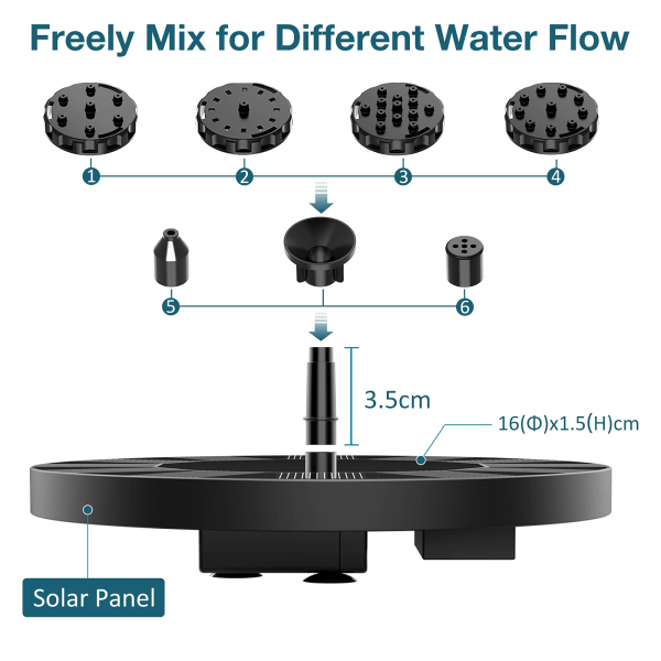 Paris Solcellsfontänpump, solfontän med 6 munstycken, flytande solcellsdammspump för fågelbad, trädgård, damm, pool och fiskdamm