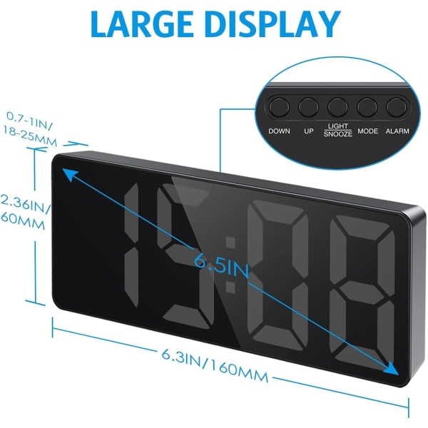 Digital väckarklocka, sängbordsklocka med stor LED-skärm, tyst USB/batteridrivet alarm