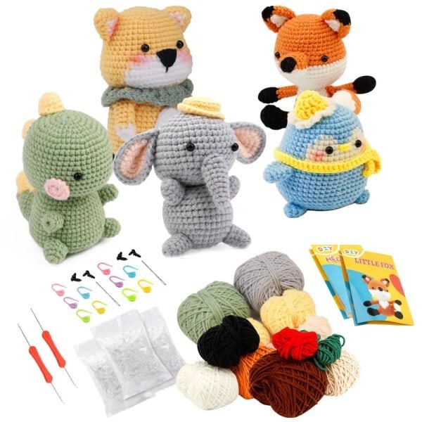 4-pack DIY virkningsset för djur med handsömnad, plyschdocka, lätt att börja, inkluderar tillräckligt med garn, virknål och tillbehör