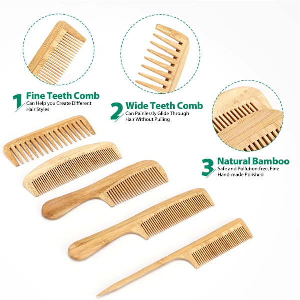 5-pack kamset för kvinnor och män - Naturligt handgjort bambu, antistatisk, bredtandad kam, svanskammar, fintandade kammar (Naturlig)