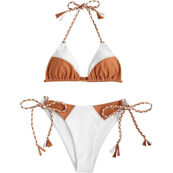 Triangelstringbikini badedragt til kvinder, høj benskæring, bindebånd i siden, 2-delt badedragt