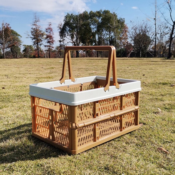 Piknikkurv Sammenleggbar middels japansk stil bærbart håndtak reisebærekurv for utendørs hjemmekaffefarge med beige