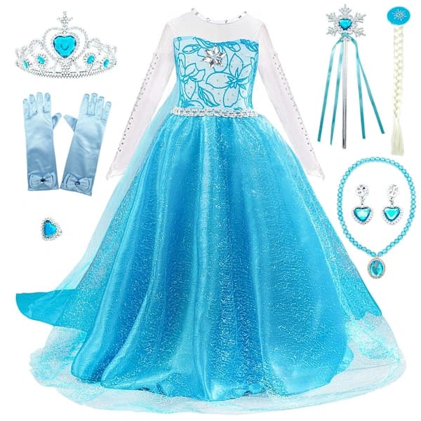 Elsa Prinsessekjole + Tiara/Fletning/Handsker - 110 cm